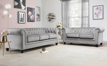 Luxury Grey Velvet Chesterfield Sofa Sets - 1, 2 & 3 Seater Options with Silver Nail Head Trim - UK Luxury Furniture